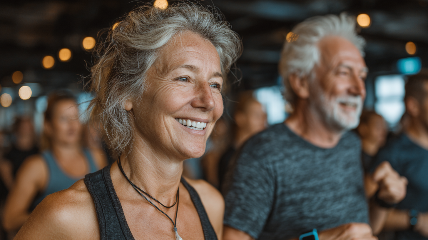 Група старших людей займається творчим фітнесом з музичним супроводом